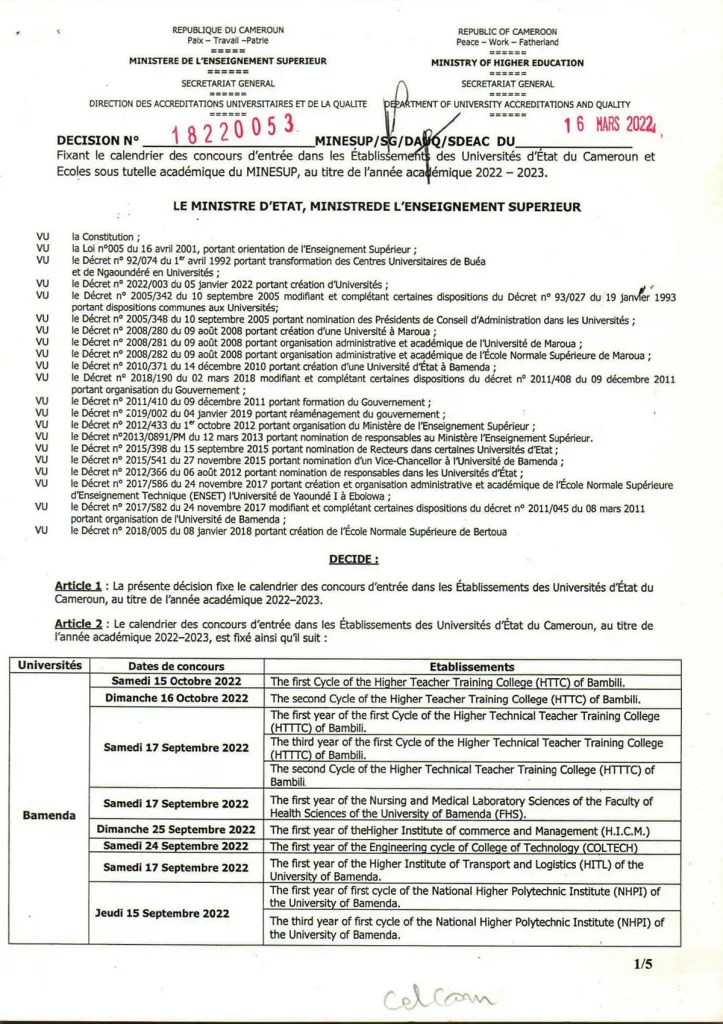 Calendrier concours MINESUP Cameroun année académique 2022-2023
