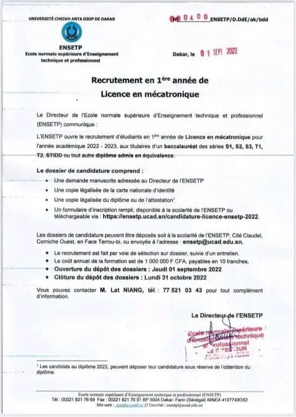 Concours ENSETP 2022-2023 Sénégal
