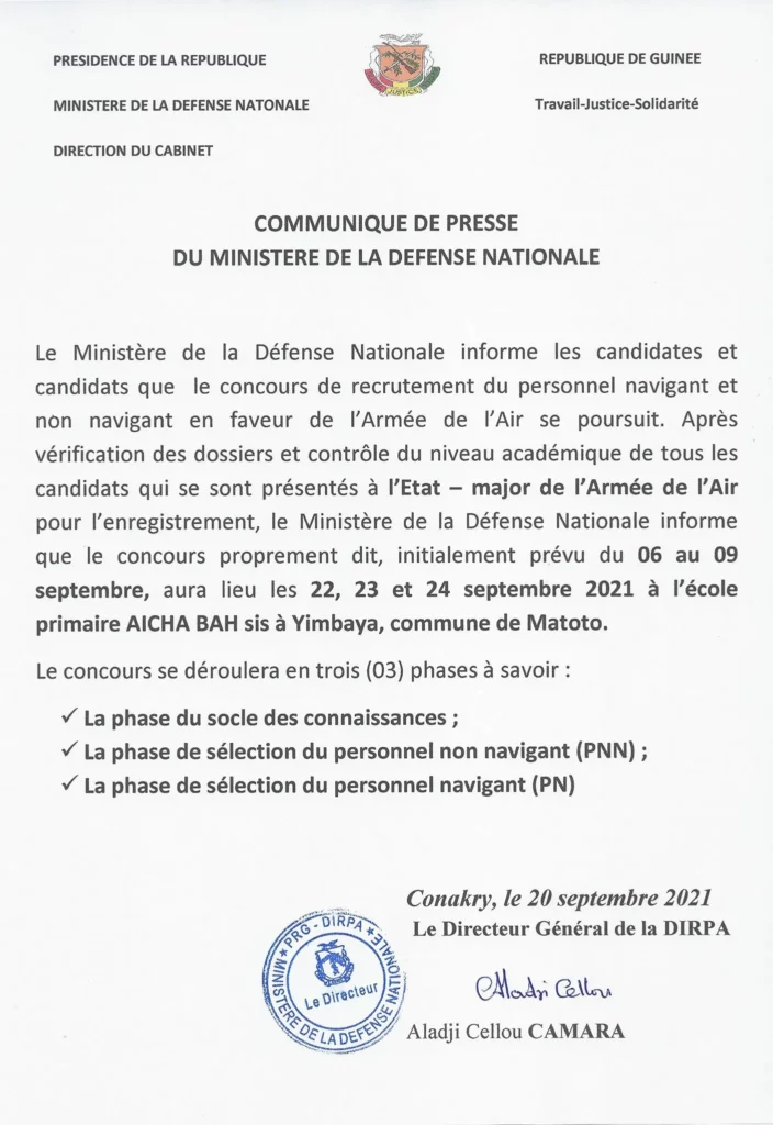 Recrutement dans l'Armée de l'Air en République de Guinée 2022