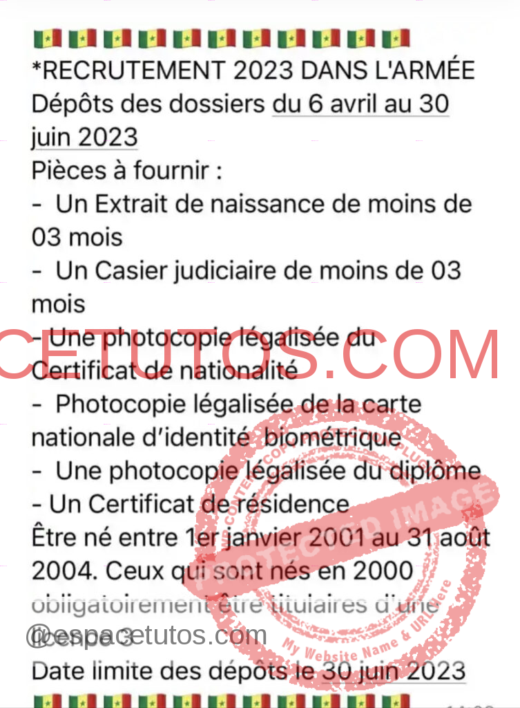 Armée Senegalaise: Recrutement du contingent 2023 - Document à fournir et les dates à retenir